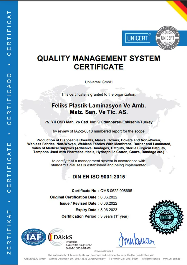 ISO 9001:2015 quality management certificate issued to Feliks Plastik